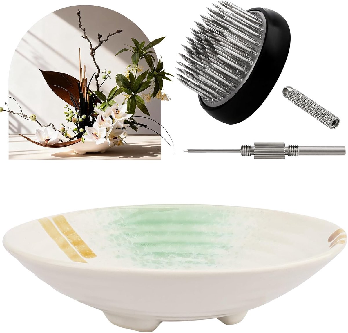 Ikebana vaas set 4 cm - keramische kommen - Kenzan met rubberen basis - ideaal voor bloemschikken - ShopVlot