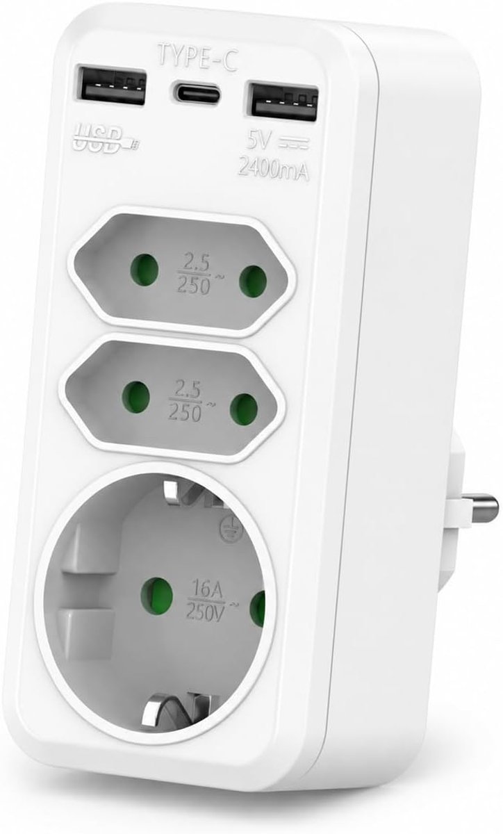 Stekkeradapter 6-in-1 - 3-voudig stopcontact met 2 USB A en 1 type C - 3600 W voor meerdere apparaten - ShopVlot