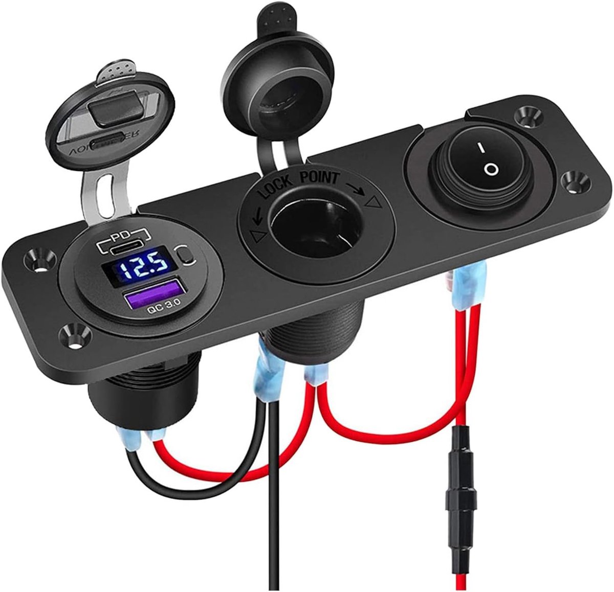 Oplaadpunt 12V-24V met QC3.0 en PD Poort - 3-vaks paneel - Met Aan/Uit-schakelaar - Sneller opladen - ShopVlot
