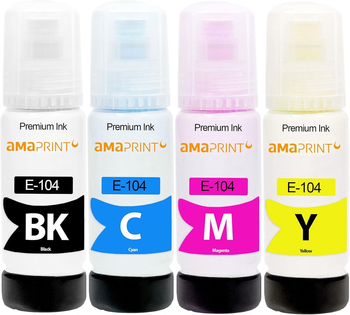 Inktflessen voor Epson 104 - 4x70ml - Zwart, Cyaan, Magenta, Geel - Hoge paginaopbrengst - ShopVlot