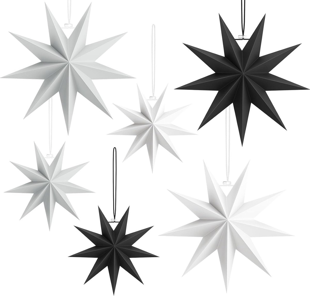 Papieren sterren kerstdecoratie 6 stuks - 30 cm en 45 cm - zwart, wit en grijs - stijlvolle decoratie voor kerst - ShopVlot