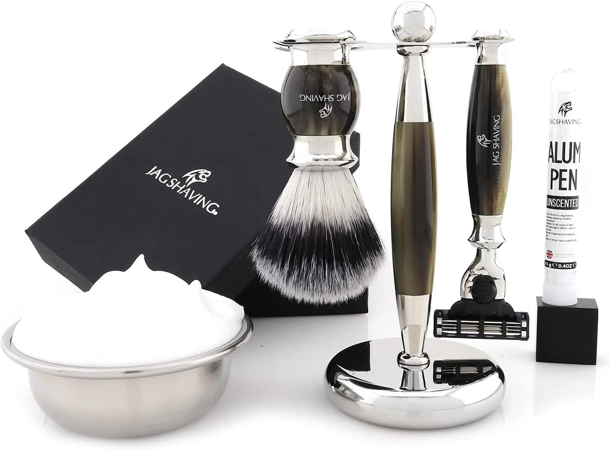 Scheerset 5-delig - synthetisch zilverpunthaar - groene hoorn imitatie - luxe scheerervaring - ShopVlot