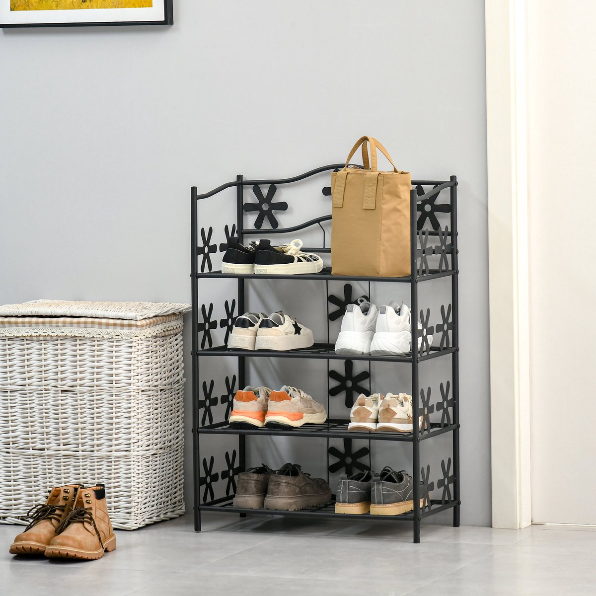 Schoenenrek – 4 Etages Open Ontwerp – 59,5 X 30 X 92 Cm – Metaal – Zwart – Voor Schoenen, Planten En Badkamer
