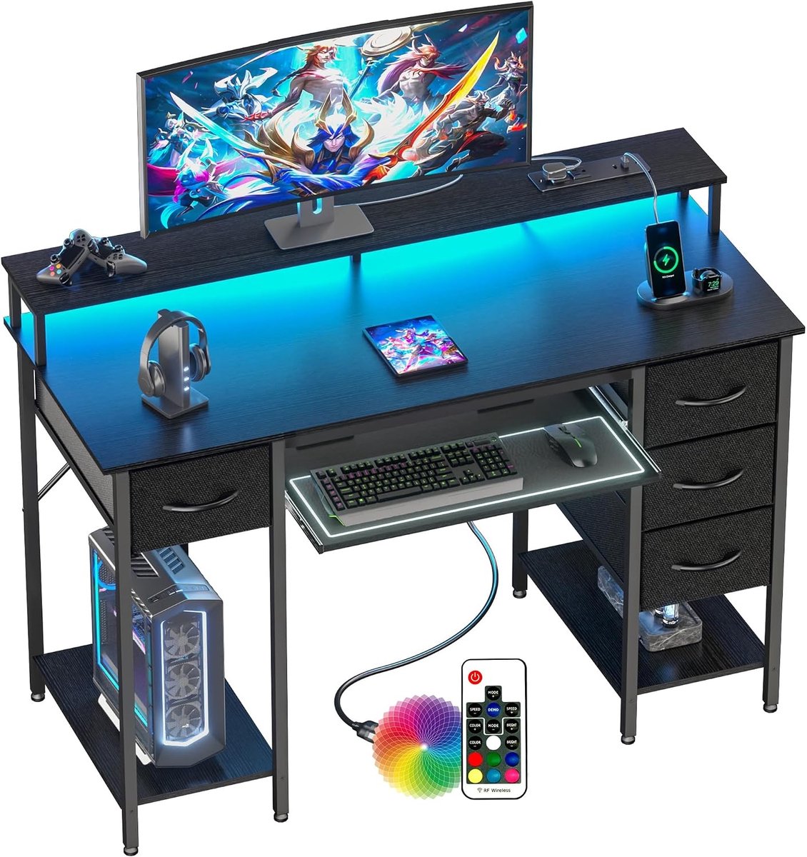 Modern Bureau Stopcontacten LED - 120x50cm Gaming Computertafel, Toetsenbordlade 4 Omkeerbare Lades, Grote Opbergruimte Boekenplank Werkstation voor Studie Speel Werk Slaap Kamer Thuis Kantoor