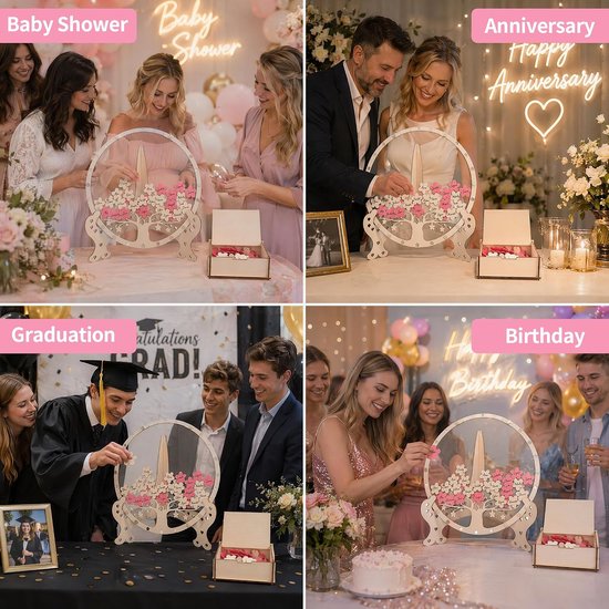 Gastenboek voor bruiloft, hout, met inlegdoos en 80 houten bloemen, gepersonaliseerd bruiloftsgastenboek voor bruiloftsdecoratie, babyshower, jubileum, verjaardagsdecoratie — afbeelding 5