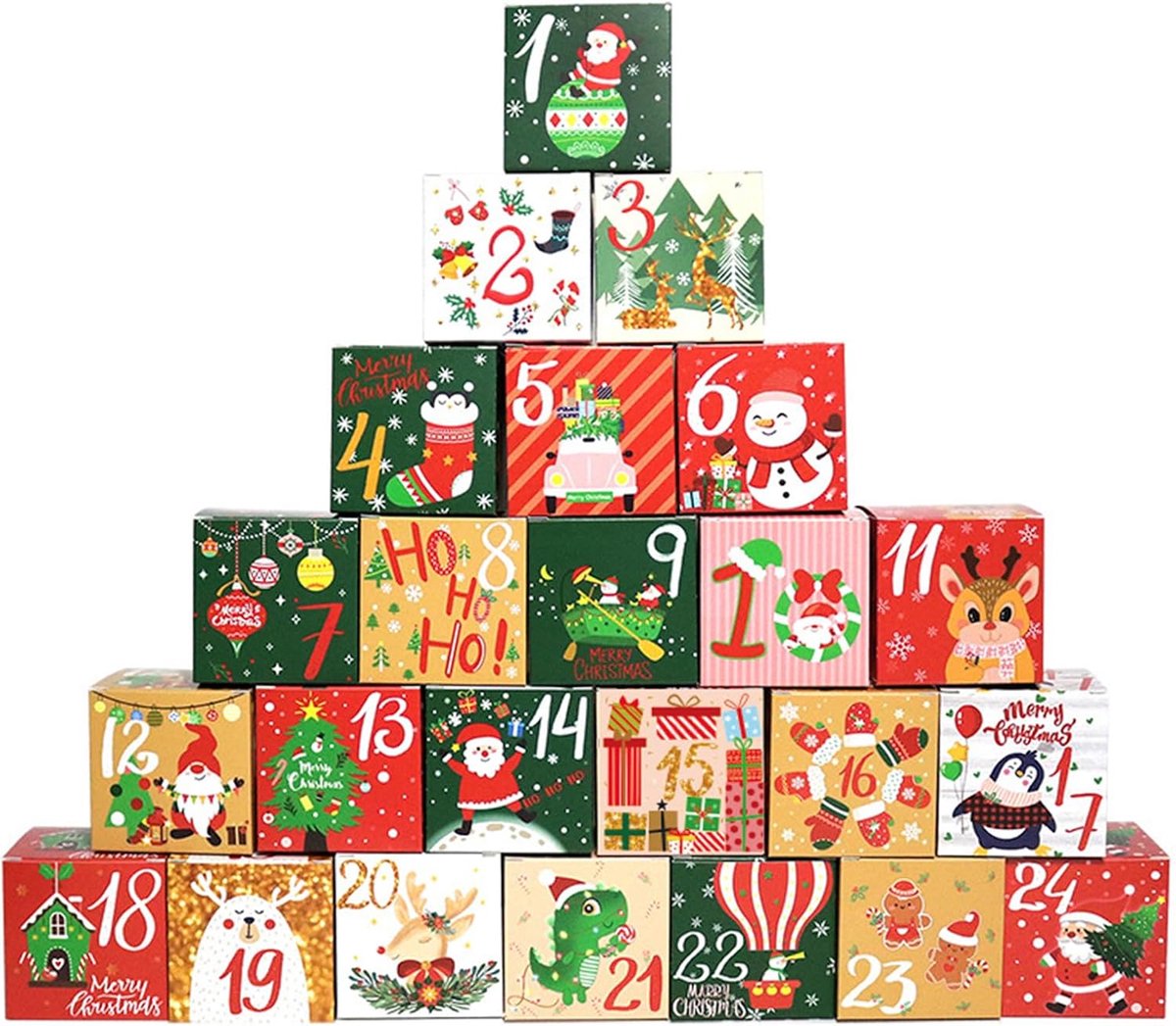 Adventskalenders om te vullen, 24 adventskalenderdozen, mooie cadeauzakjes, kerstmotieven, adventskalenderdozen (kleur)