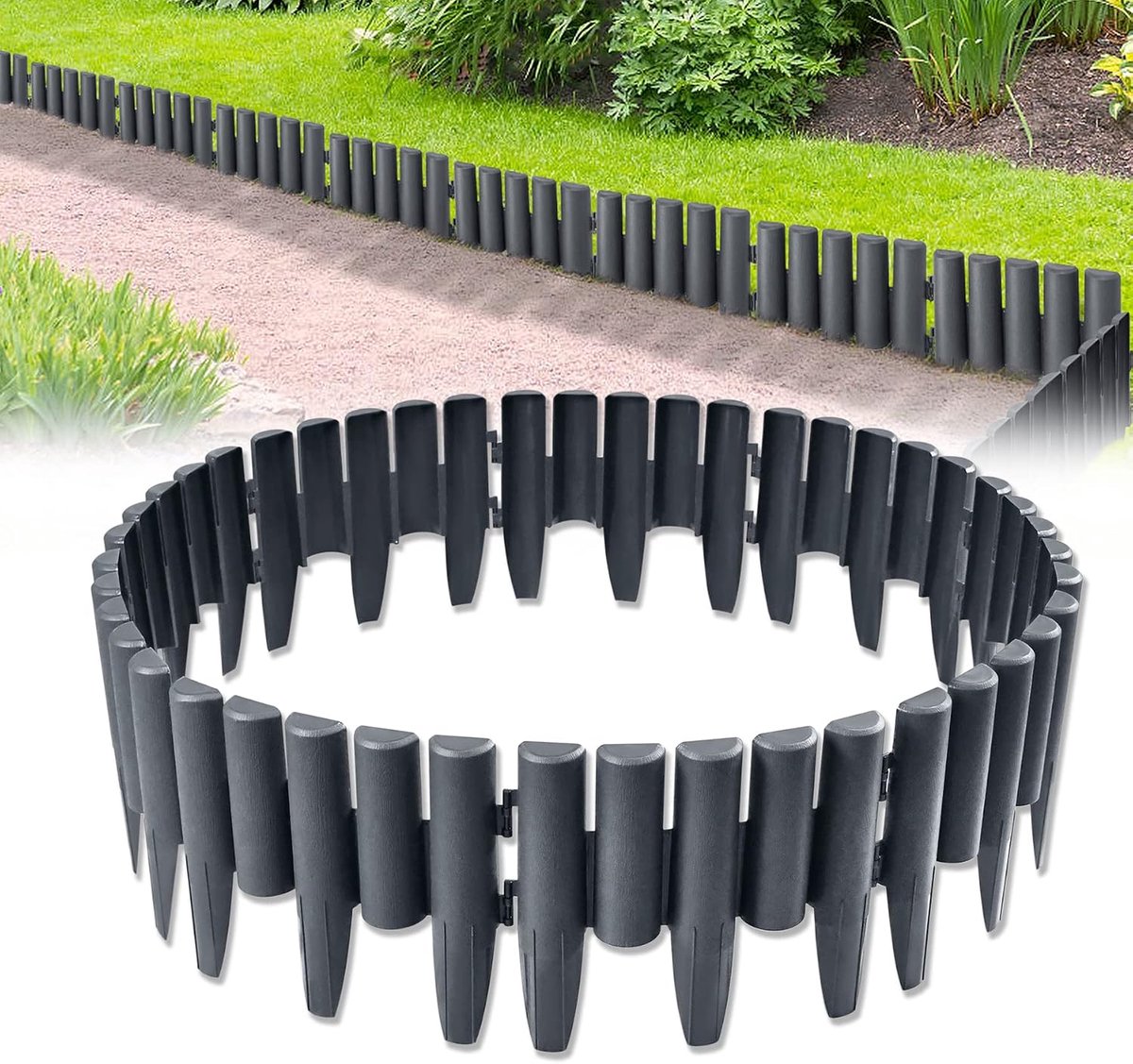 Gazonrand Plastic Perkrand 28x24cm Kunststof Tuinrand Maairand Randsteen Flexibele Gazonafscheiding Houtlook Hekje Decoratieve Tuinschermen voor Bloemperken en Paden (14m=50 Stuks, Antraciet)