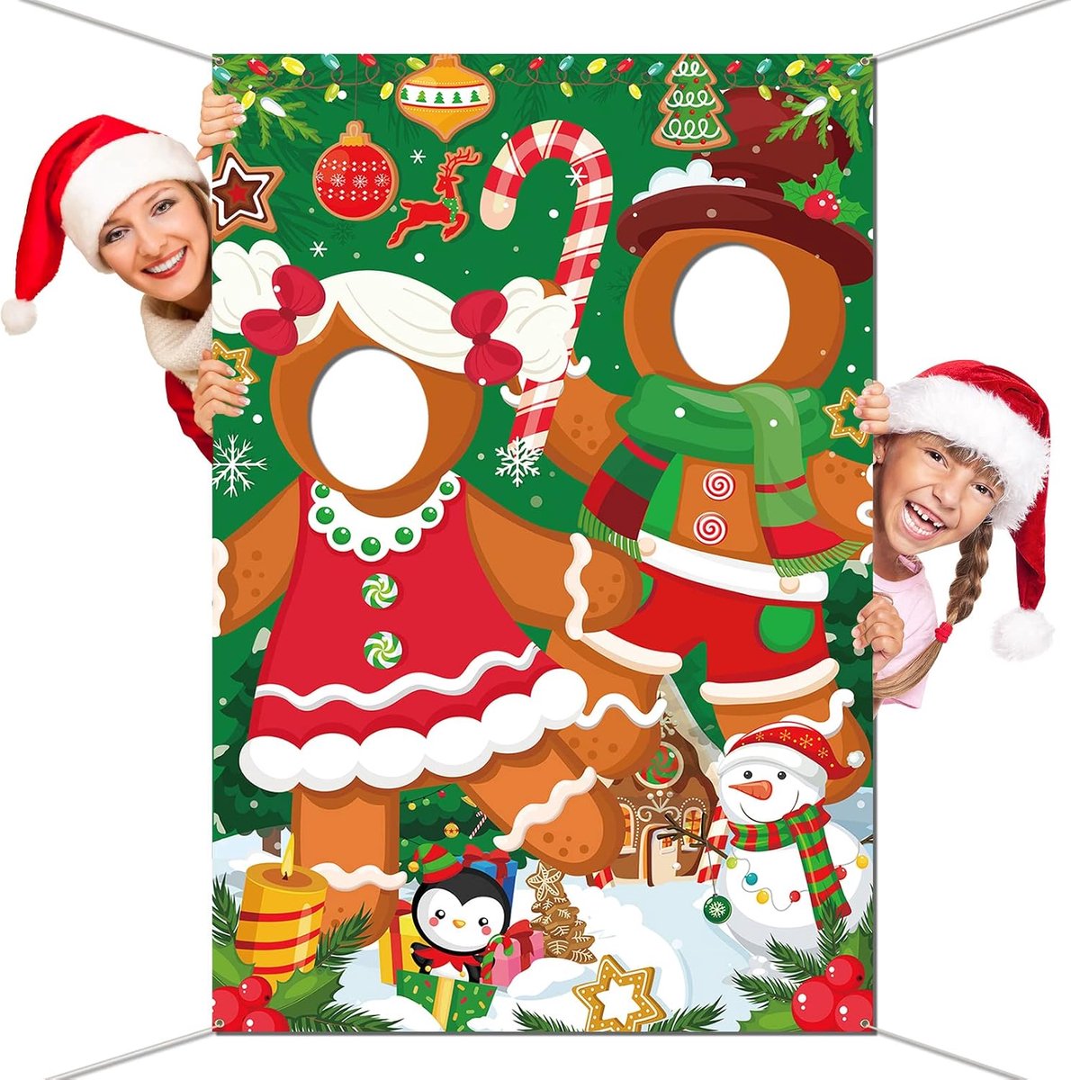 Peperkoekmannetje, fotobanner voor Kerstmis, foto-rekwisieten, gezichtsspel voor Kerstmis, achtergronddecoratie, suikerstokken, peperkoekman-accessoires, 150 x 100 cm