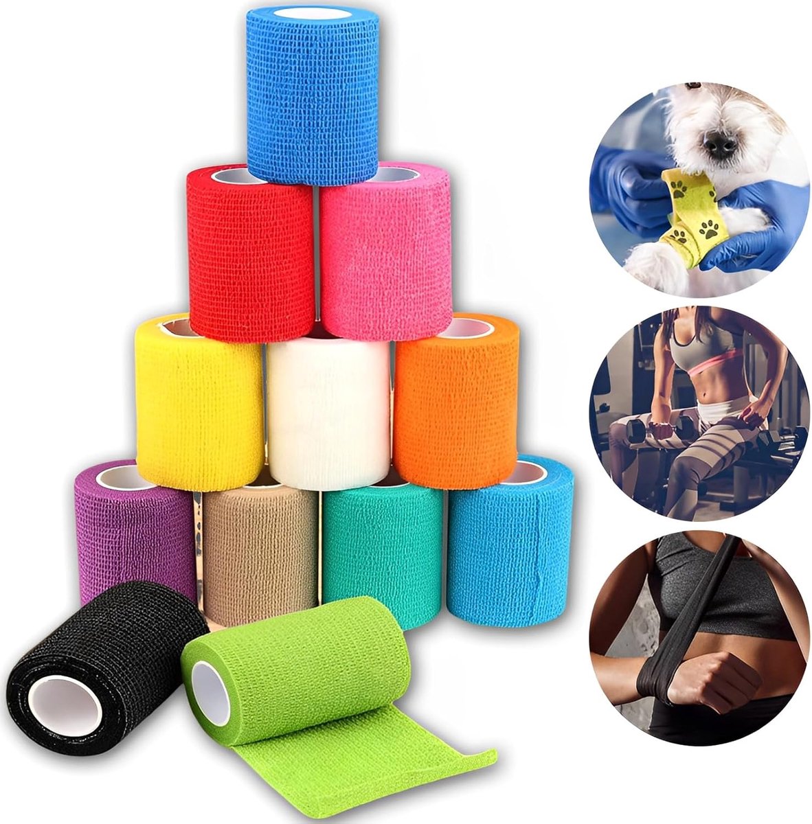 12 rollen zelfklevende bandage, hondenvetwrap, huisdier zelfklevend verband, 12 effen kleuren, zelfklevende bandage voor paard, huisdier, cohesieve bandage