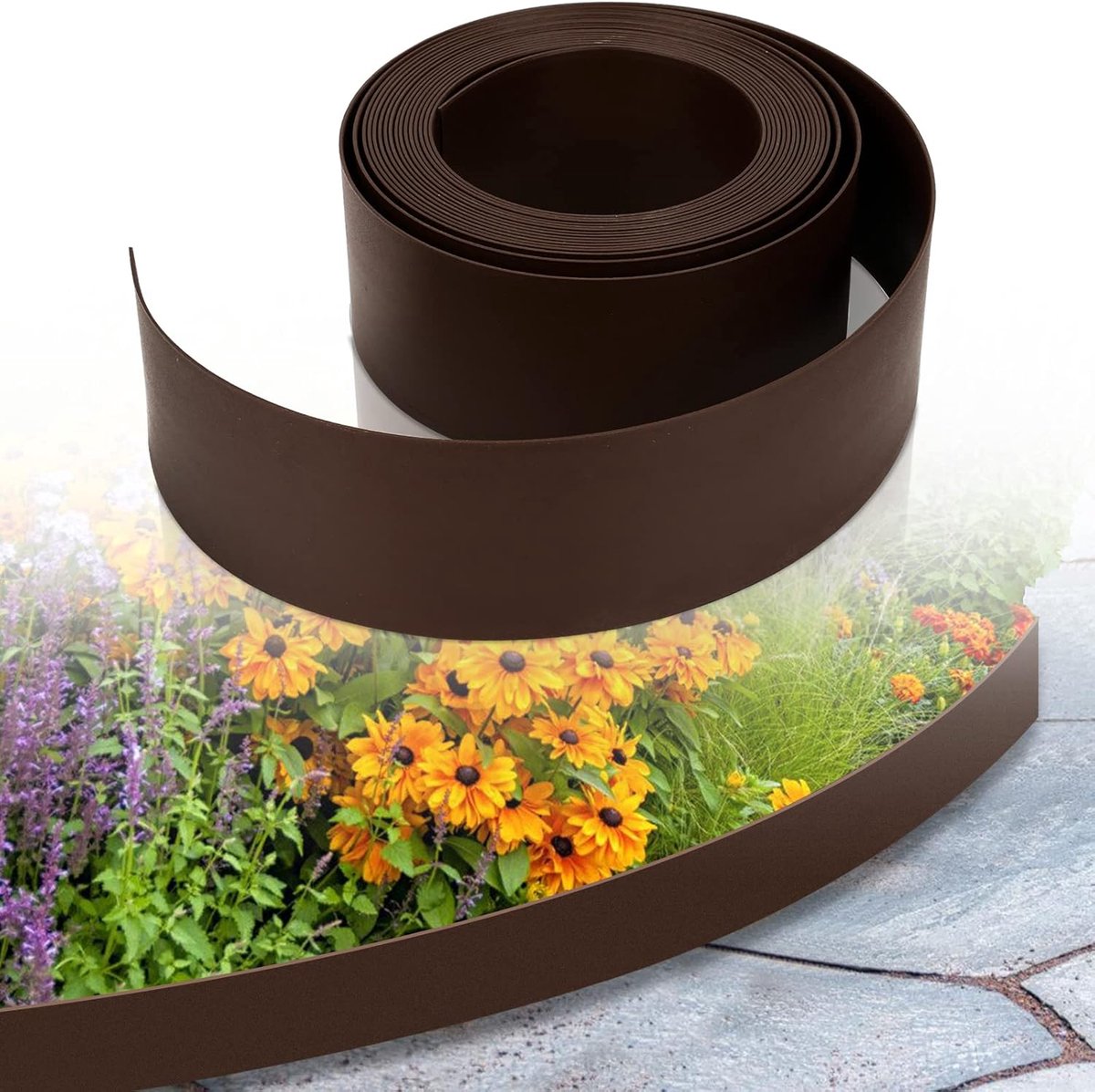 Kunststof, bruin, maaikant, lengte 25 m, hoogte 10 cm, bloembedomranding, gazonrand, bestratingssteen, tuinpaden
