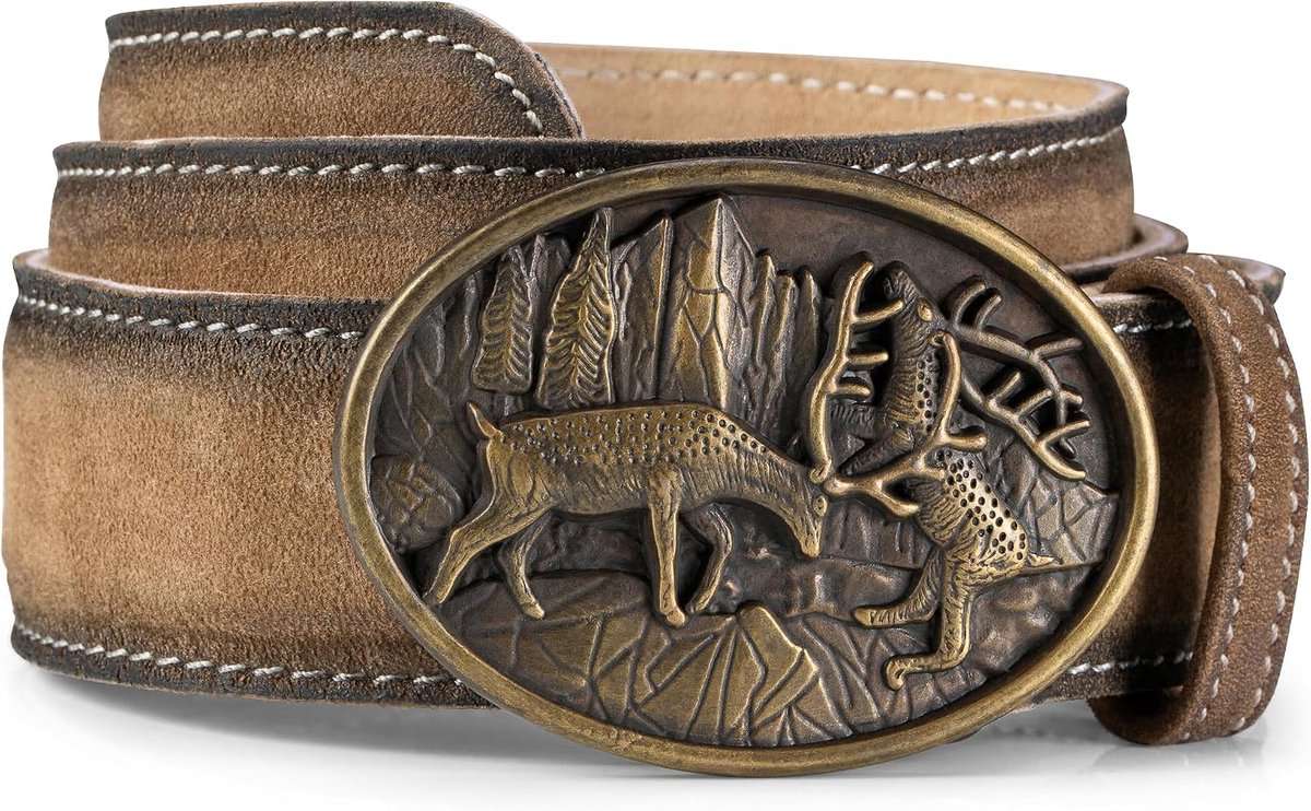Trachten Couture Lorenz klederdrachtriem voor heren, leren broekriem met hertengesp, leren riem