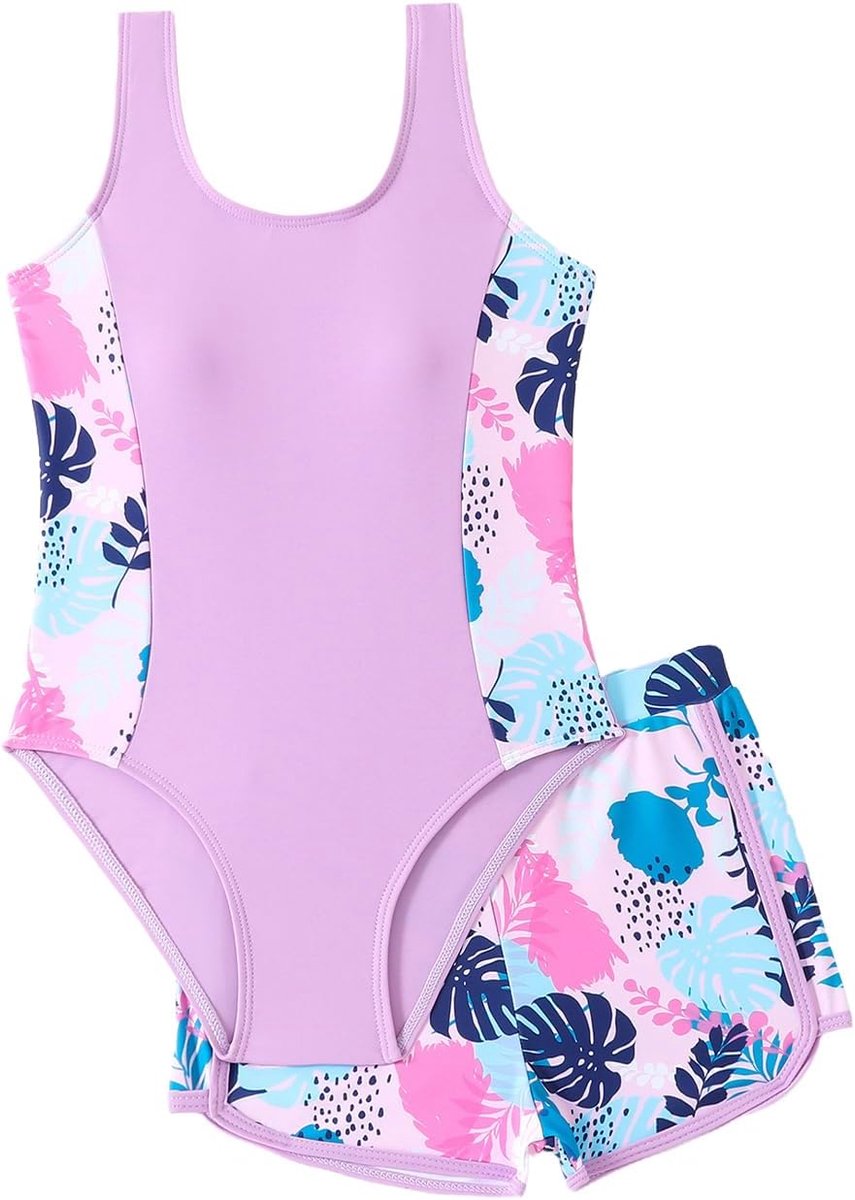 Eendelig badpak voor meisjes, UV-badkleding, mouwloze badmode met shorts, tropische print, voor meisjes van 7-14 jaar