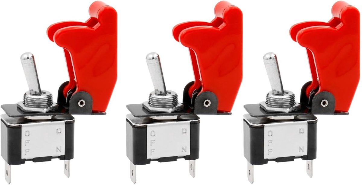 Schakelaar, flick flip, 12V 20A, SPST, ON/OFF, 2 posities, 2 pins, met rode waterdichte kap, 3 stuks