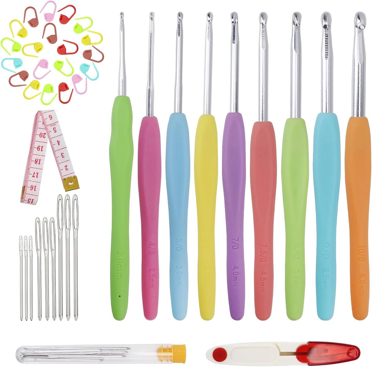 Haaknaaldenset, 9 stuks aluminium breinaaldenset, ergonomische softgrip handgreep voor artritische handen, met meetlint, steekmarker en naainaalden