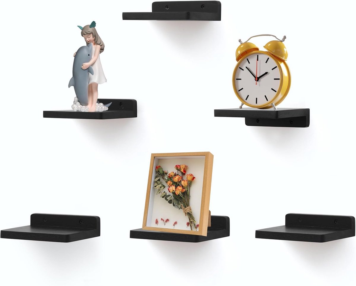 zwevend plankje, 12,7 x 15,2 cm, tentoonstellingsplanken voor de muur, mini-plank, rustiek houten plank voor slaapkamer, woonkamer, badkamer, keuken (6, Zwart)