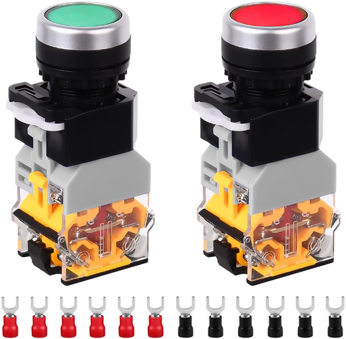 22 mm momentane drukknopschakelaar 220 V 10 A 1NO 1NC druktype led-display lichtschakelaar paneelmontage (rood/groen) 2 kleuren met 12 stuks vorkklemmen