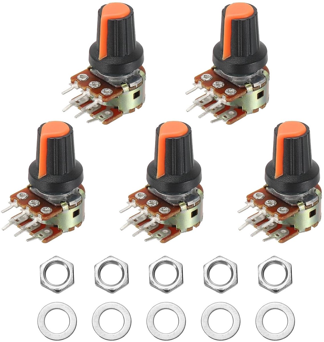Set van 5 WH148 dubbele lineaire potentiometer, B20K-Ohm audio-potentiometer, 6-pins splitschachtknoppen, kit met metalen handgreep en montagetoebehoren, oranje