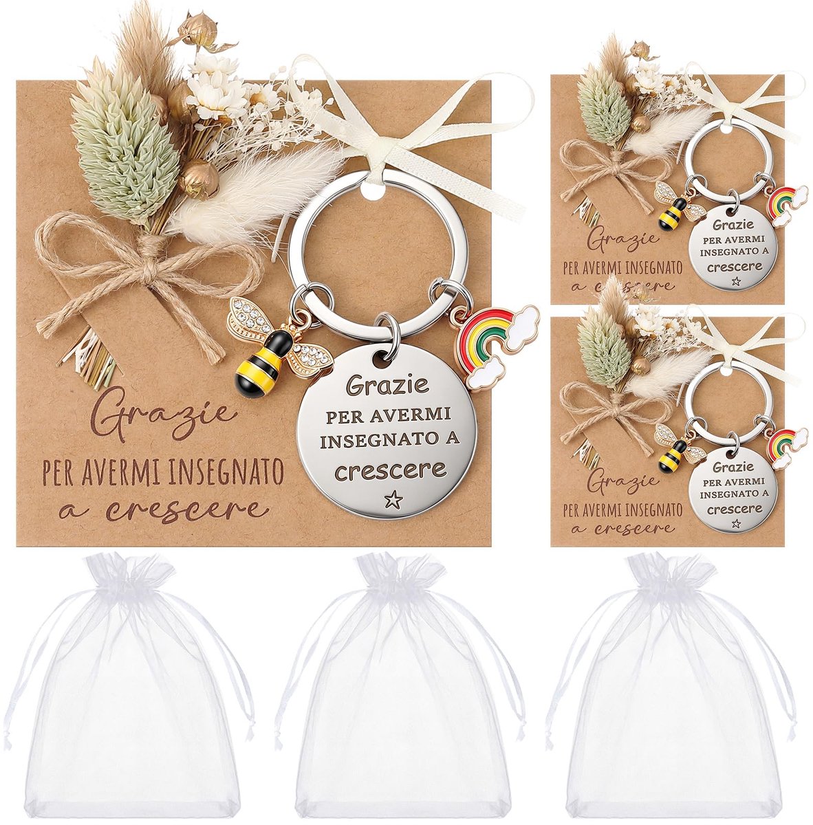 Sleutelhanger juf cadeau - eind schooljaar - met kaartje en droogbloemen - bedankje voor lerares - SnelShoppen