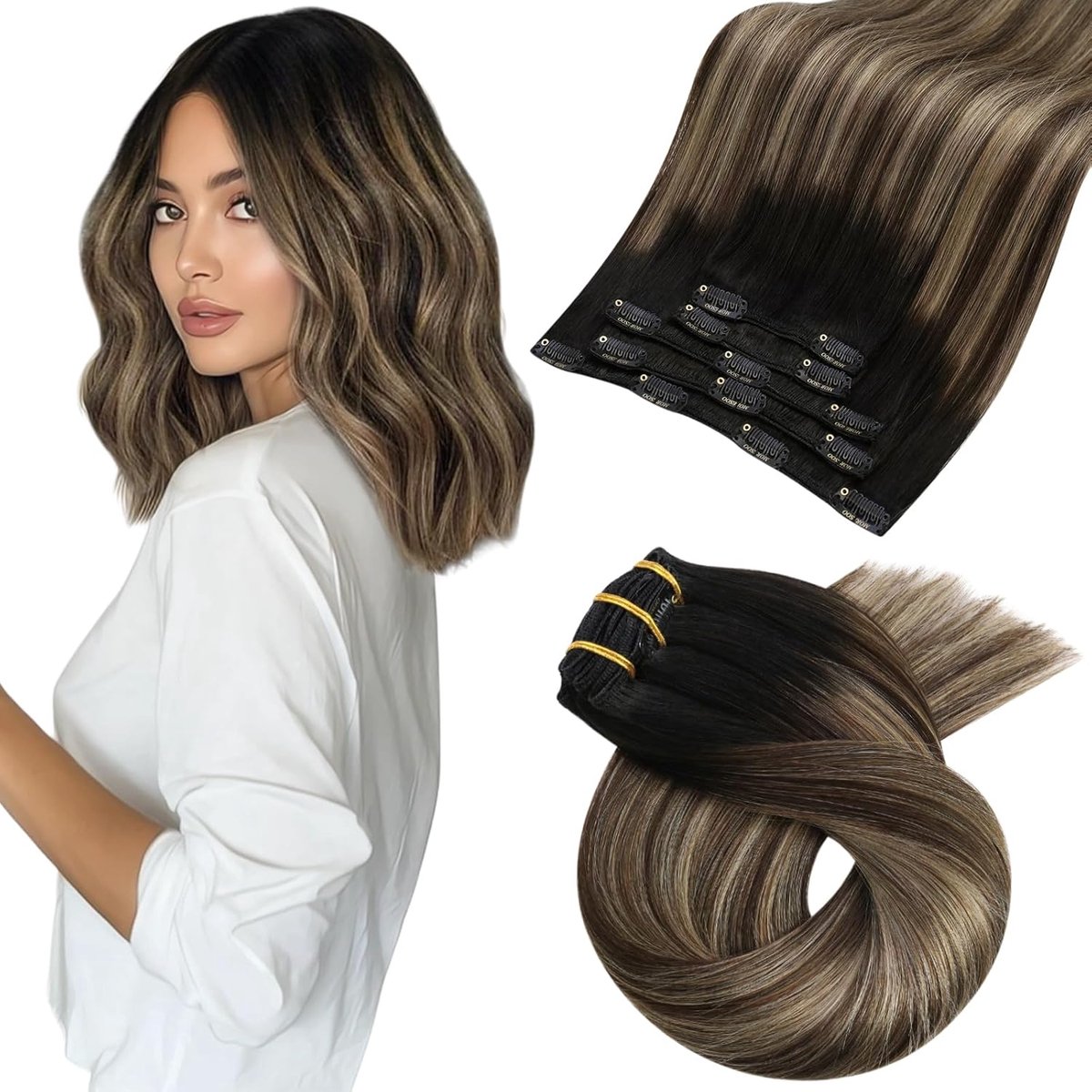 Haarextensies Echt Menselijk Haar Balayage Natuurlijk Zwart tot Donkerbruin met Donkerste Blonde #1B/4/14 35 cm 5 Stuks 80g