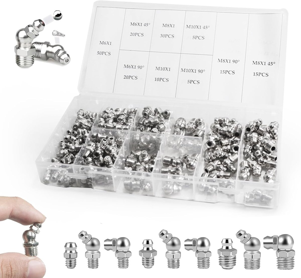 Nippels assortiment kit, 45° 90° vernikkeld ijzer kegelvormige smeernippels, M6 M8 M10 recht en hoekig, hydraulische vetnippels met doppen opbergdoos voor smeerpersen