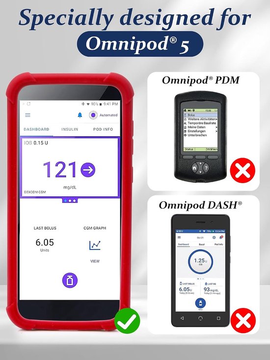 Siliconenhoes voor Omnipod 5 - Schokbestendige hoes voor Omnipod 5 PDM beschermt uw Omnipod 5-ontvanger (rood) — afbeelding 3