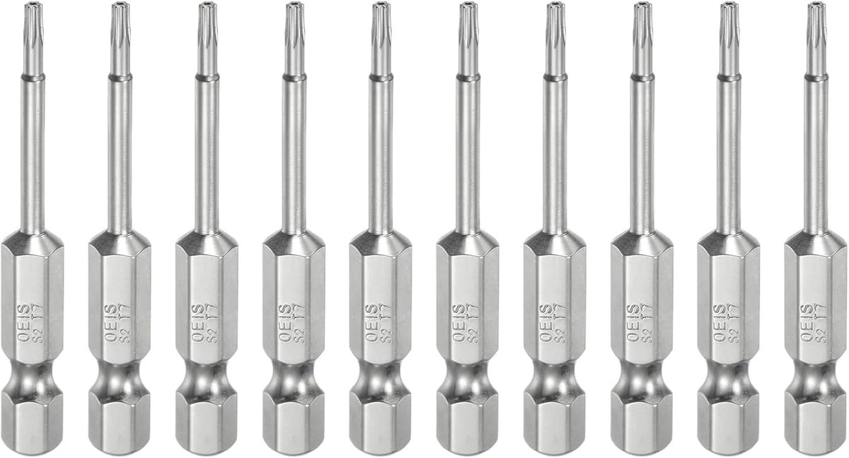10 stuks T7 veiligheidsbits, torx-bits, 1/4 inch, zeskantschacht, 2 inch lang, S2 staal, magnetische manipulatiebestendige sterbits, schroevendraaier, torx-kop met gat voor