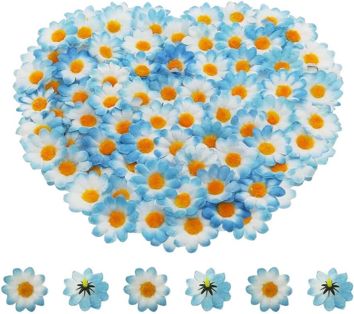 Kunstmatige bloemhoofden van madeliefjes, 100 stuks, Nepbloemblaadjes van gerbera, voor doe-het-zelf, knutselen, verjaardag, indoor, outdoor, feest, paaseierenmand, wit en blauw