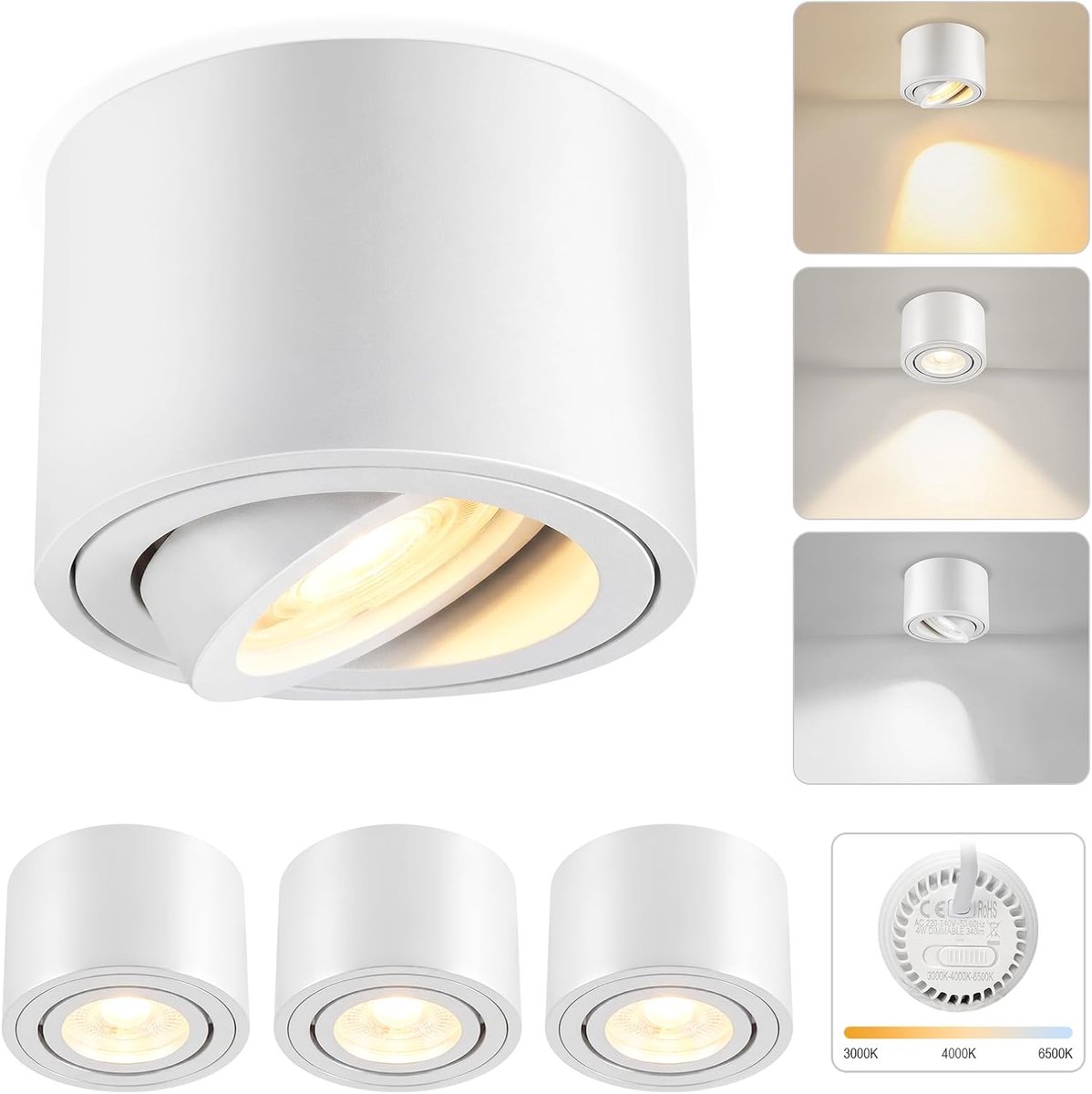 Dimbare opbouw-LED-spot (Wit): Ø80x50 mm, ultraslank ontwerp – 30° | verstelbare hoek – Schakelbare kleurtemperatuur (3CCT) – 4W armatuur – Aluminium behuizing – 4-pack