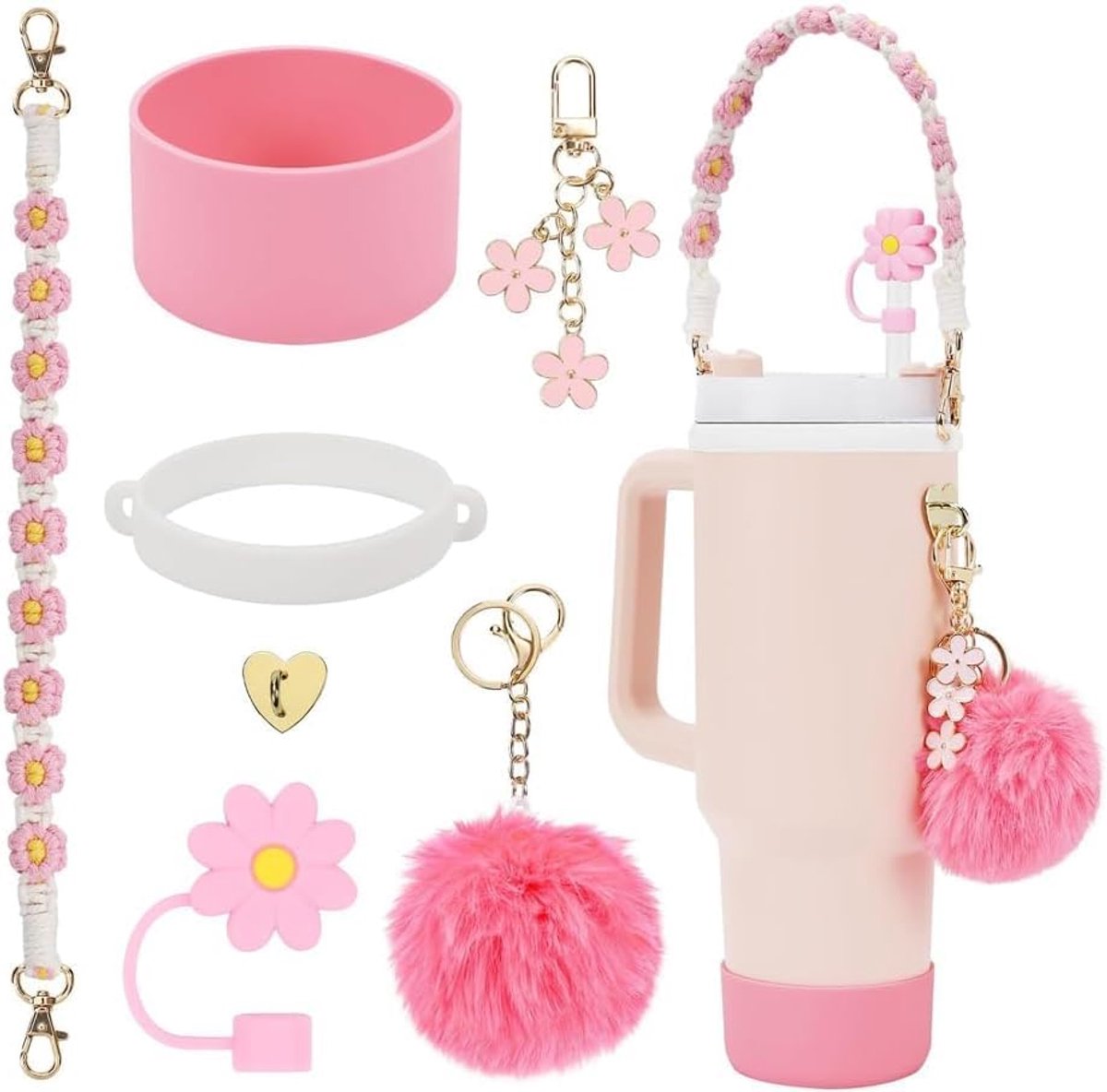 Set met 7 accessoires voor Stanley Cup, 800 ml en 1100 ml, inclusief siliconen bescherming, rietjesdoppen, bekerdeksel en hanger, roze