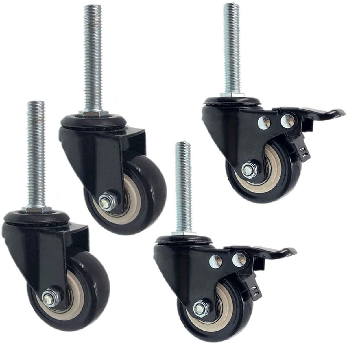 2 Inch Swivel Stam Caster Wielen Schroefdraad Stam Industriële Polyurethaan Casters,Vervanging voor Meubilair en Werkbank, Trolley Wiel, Dubbele Lager, Load 150kg, Set van 4 (Rem+univer