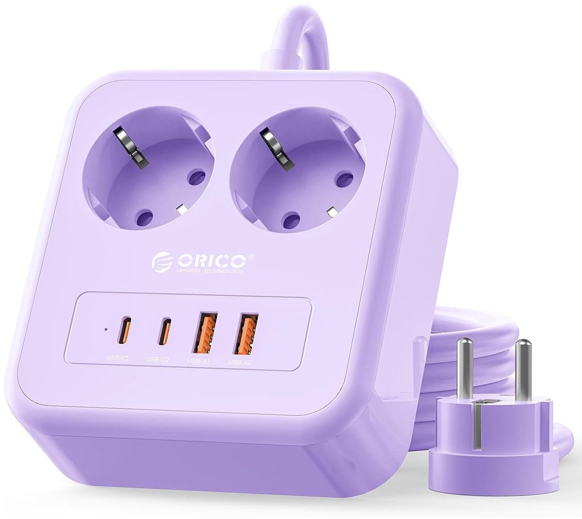 ORICO APD - stekkerdoos - 20W Snellader - 2x Stopcontacten, 2x USB-C & 2x USB-A - Platte stekker - 3 m kabel - Wandmontage-stekkerdoos met veiligheidsvergrendeling - Paars