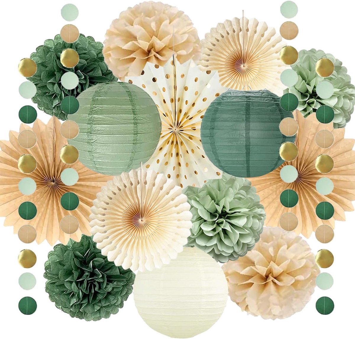 Papieren bloemen en lampionnen - sage groen beige - feestdecoratie - perfect voor babyshower - SnelShoppen