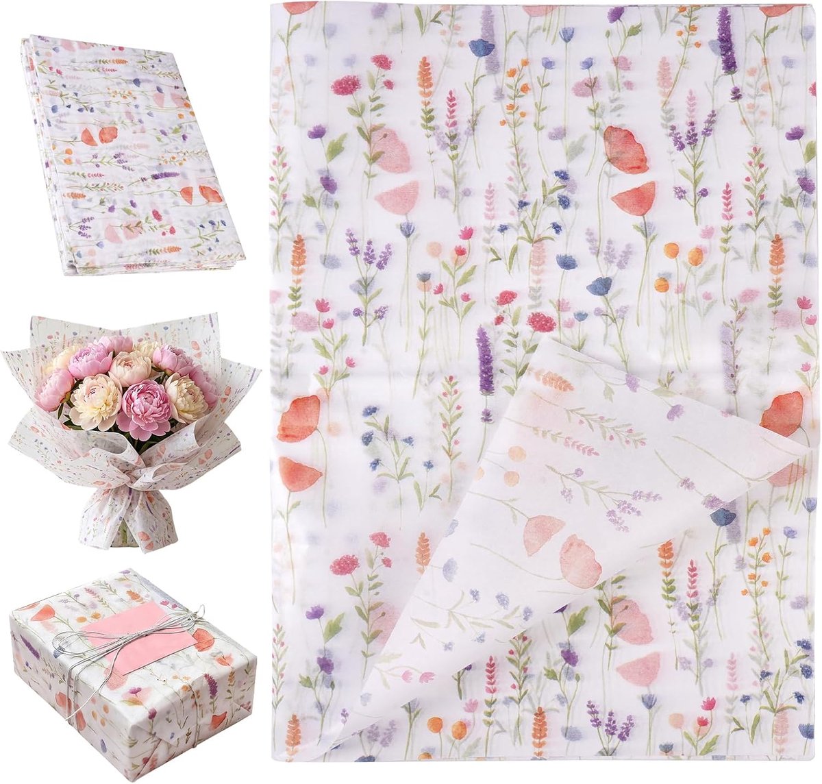 Zijdepapier 100 vellen 50 x 35 cm - bloemenpatroon - kreukbestendig - ideaal voor cadeauverpakking - SnelShoppen