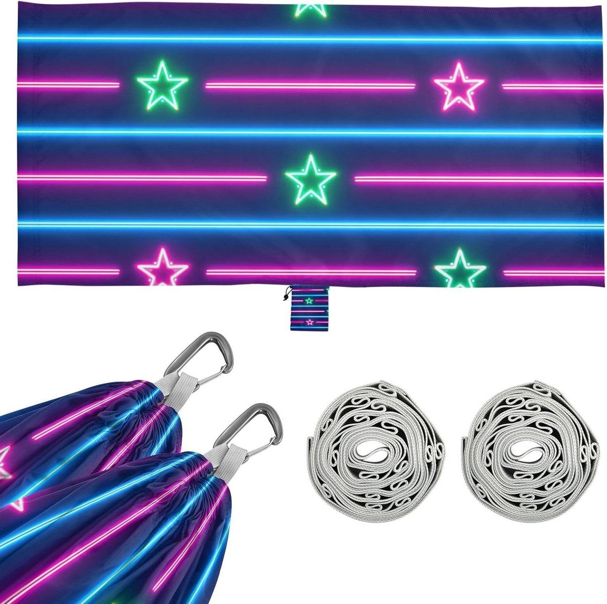 Hangmat Outdoor - Boomhangmat Kampeerhangmat - Ontspannen Buiten - Met Opbergvak - 290 x 138 cm - Neon Gestreept