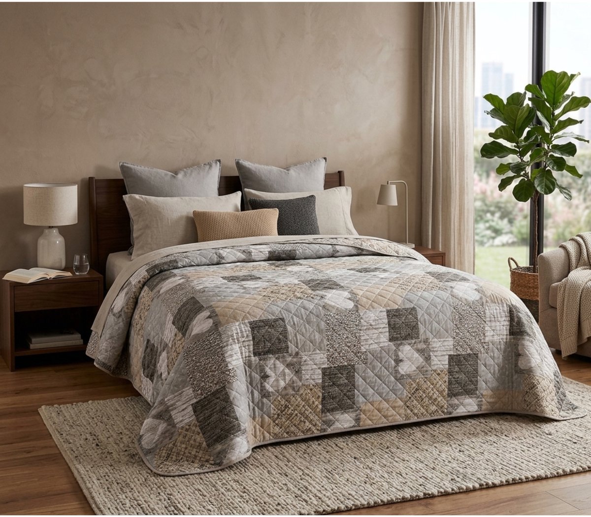 TRANKIELO® - Patchwork Bedsprei met Hartenontwerp – Bruine Luxe Sprei voor Tweepersoonsbed – Afmeting 200 x 220 cm