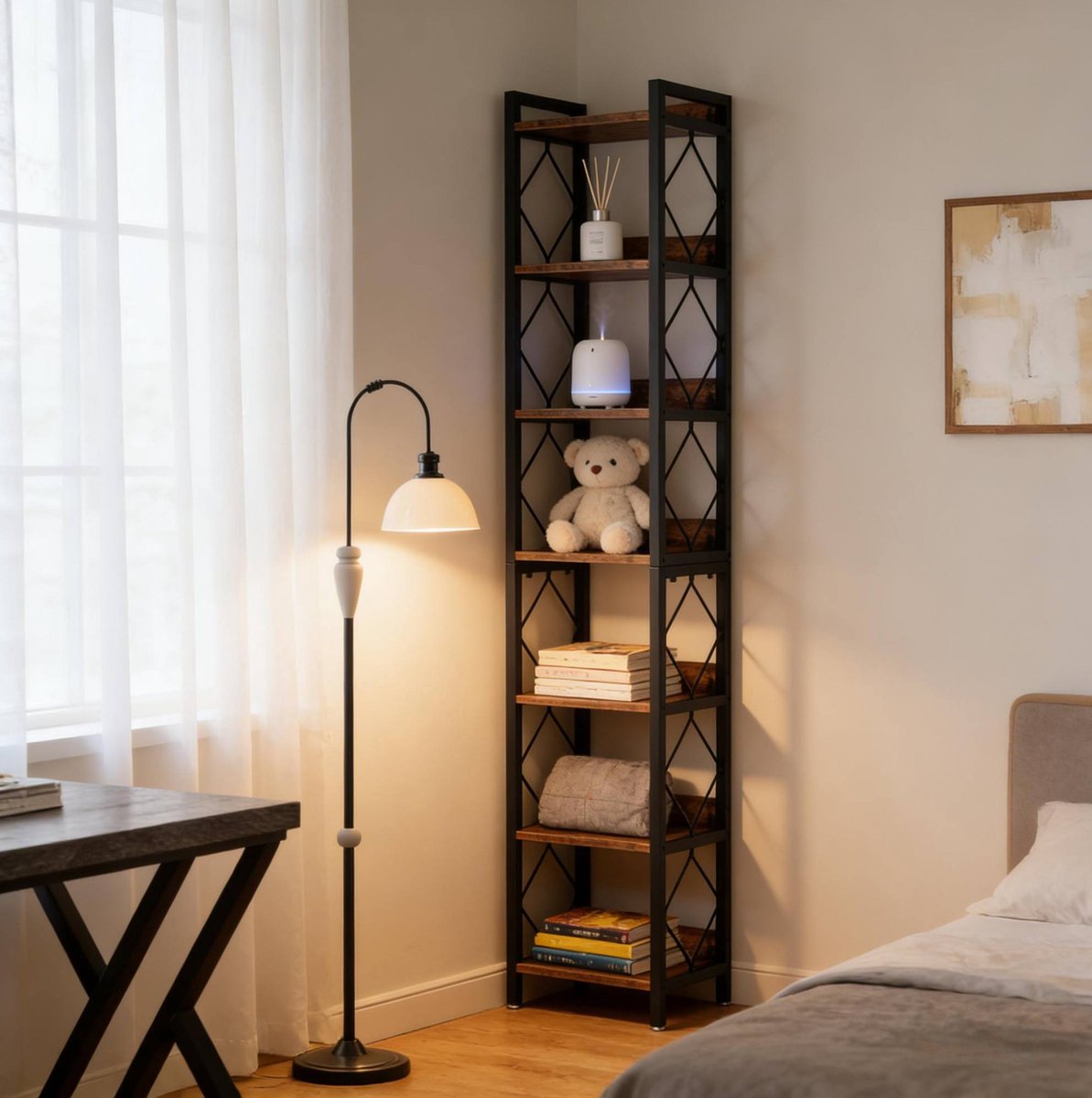 MIVRAY Boekenkast – Smal En Vrijstaand – 34 X 34 X 200 Cm – Metaal En Hout – Zwart En Rustiek Bruin – Open Displayrek Voor Kleine Ruimtes
