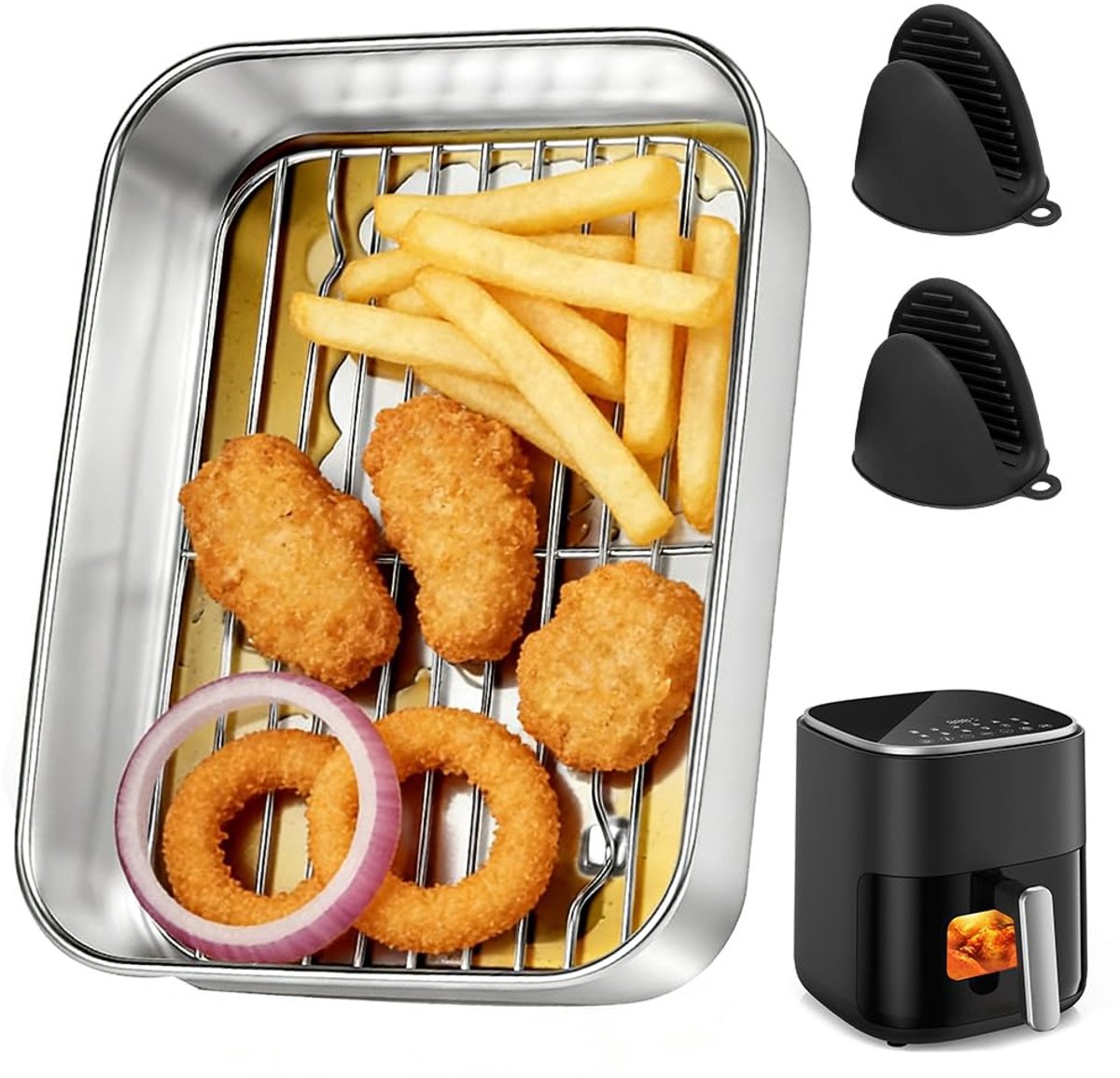 RVS Airfryer Bakvorm met Afdruiprooster, Deksel en Handgrepen - Roestvrijstalen Airfryer Accessoire voor Bakken, Grillen en Koken - BPA Vrije en Geurloze Bakplaat - Geschikt voor Ninja, Cosori, Philips en Meerdere Airfryers