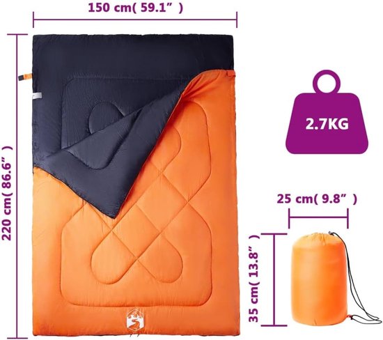 Dubbele Slaapzak - Tweepersoons Slaapzak - Kamperen en Reizen - Inclusief Kussens - 220 x 150 cm - Oranje Zwart — afbeelding 5