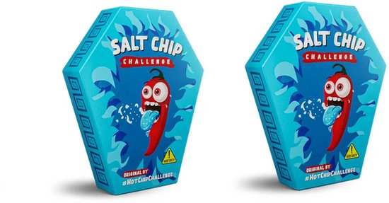 Twee zeshoekige blauwe dozen voor de "Salt Chip Challenge" met een cartoon chilipeper met grote ogen en tong.