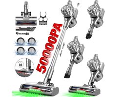 Fukstern Steelstofzuiger Draadloos – 50 kPa Sterke Zuigkracht – Tot 60 Min Accuduur – Anti-haarwikkel Vloerborstel – Inclusief 4 HEPA-filters – 1,6L Stofreservoir – Groene LED Stofdetectieverlichting – Zilver