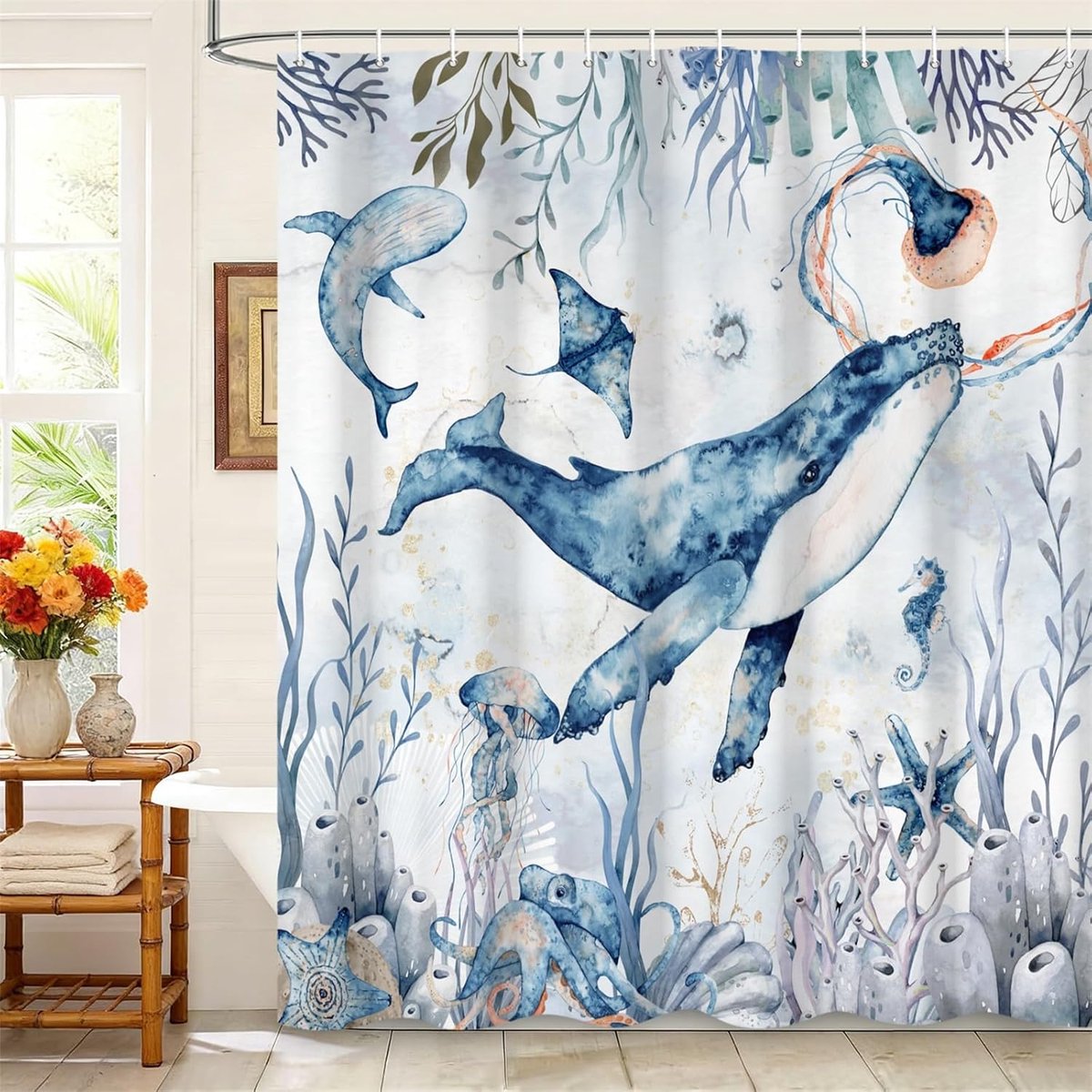 Douchegordijn 180x180cm - Zeeleven Blauw Walvissen - 100% Polyester - Waterproof en Sneldrogend - ShopVlot