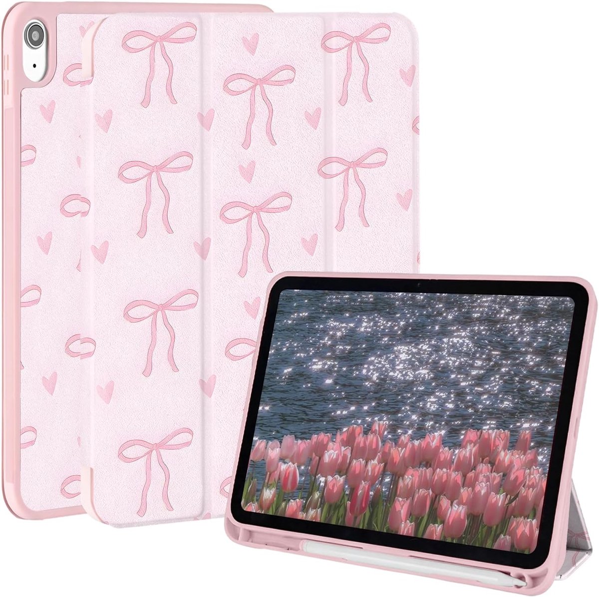 Beschermhoes voor iPad 10e en 11e generatie - Roze strik - Met penhouder en trifold standaard - ShopVlot