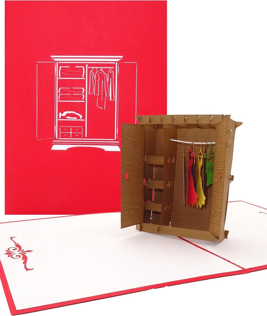 3D pop-up kaart - houten kast - kleurrijke kleding - originele verjaardagsgroet - ShopVlot