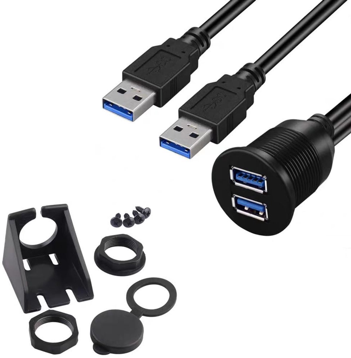 USB 3.0 A-plug verlengkabel 0.3m - paneelmontage - ideaal voor dashboardgebruik - geschikt voor auto, boot en motor - ShopVlot