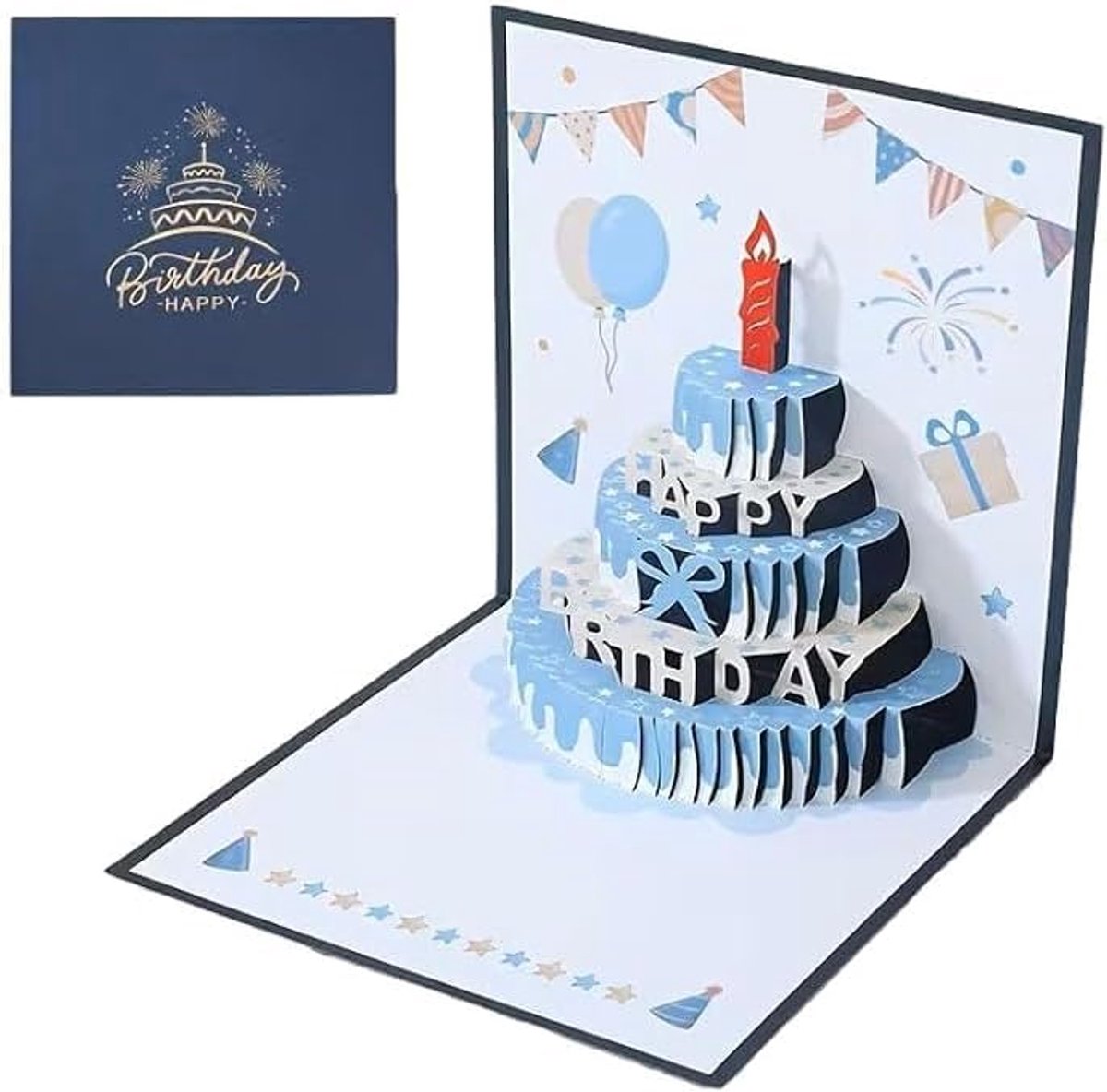 3D pop-up verjaardagskaart - blauw taart motief - donkerblauw met envelop - feestelijke groet voor mannen - SnelShoppen