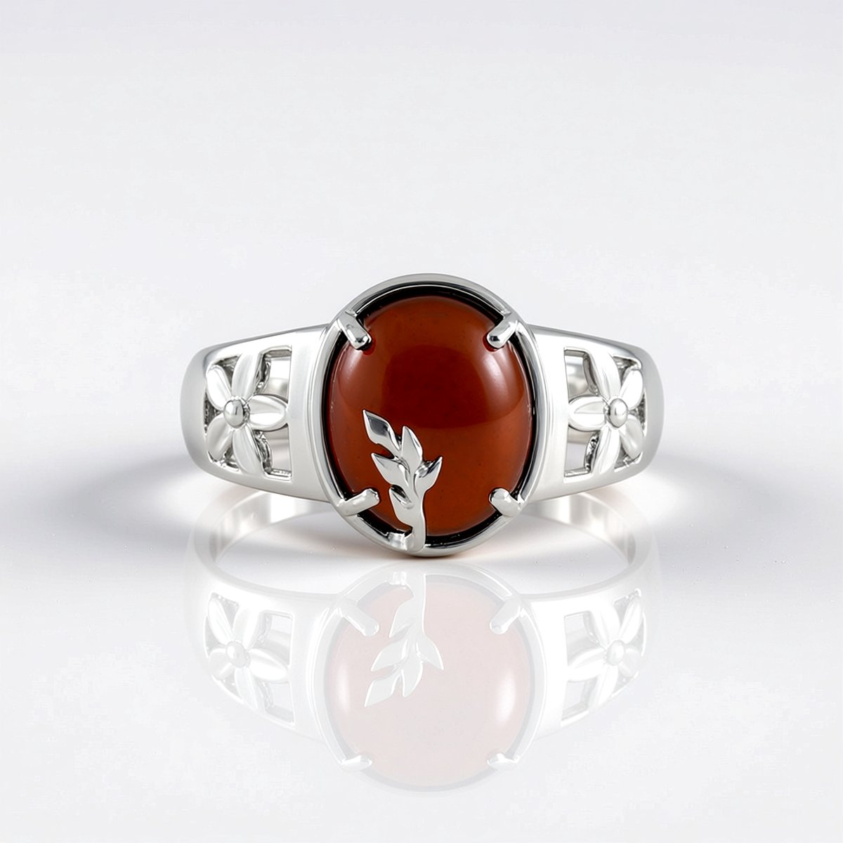 Cavill - Zilveren Ring 925 Sterling met 4,4 ct Hessoniet Granaat Ovaal Cabochon - Platina Verstelbaar - Bloemmotief Warme Kleur
