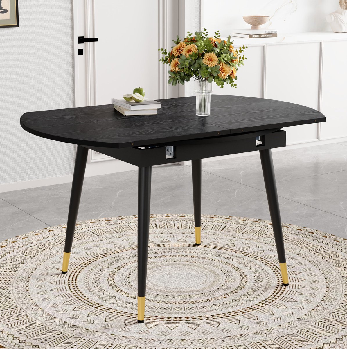 Tafel - Uitschuifbare Eettafel Van Rond Naar Ovaal - Modern Design Voor Keuken En Eetkamer - MDF En Metaal - Zwart - 135x85x77 Cm