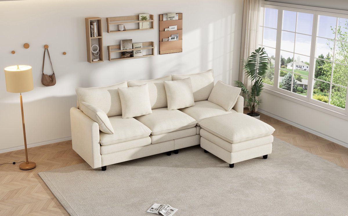 STILVORA Hoekbank 212 x 150 x 90 cm - 3-Zits Met Verplaatsbare Chaise Longue En 4 Sierkussens - Voor Woonkamer En Kantoor - Chenille Beige