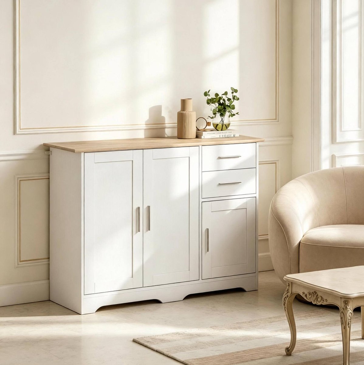 Dressoir - Met Twee Lades, Twee Deuren En Verstelbare Plank - Woonkamer, Keuken En Hal - Wit En Natuurhoutkleur - 100 X 40 X 78 Cm