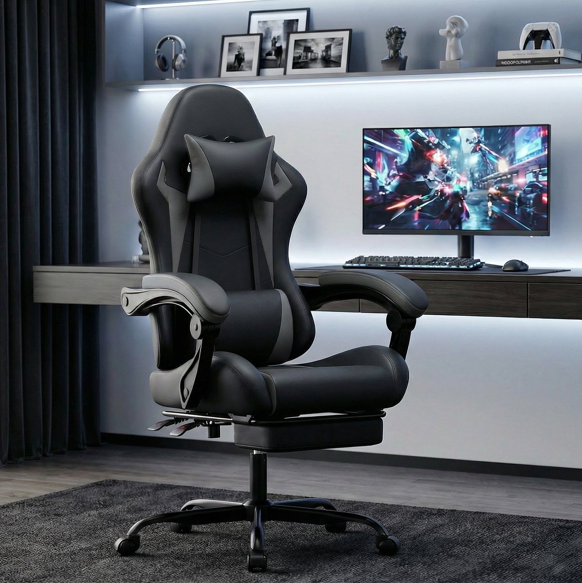 MODFU Gamingstoel-Ergonomisch-Hoofdsteun-Lendenkussen-Verstelbare Zithoogte-Zwart Grijs